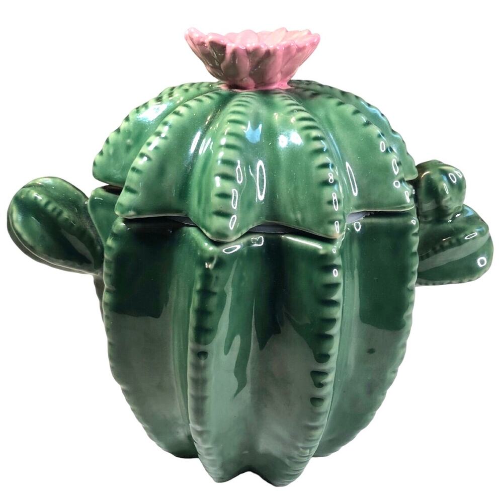 Green Cactus With Pink Flower Cookie Jar Ceramic with Lid 9” X 9”
